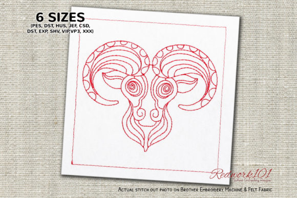 Animal Face Aries Zodiac Redwork
