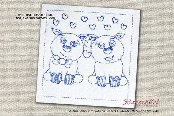 Cute Piggie Love on Valentine Redwork